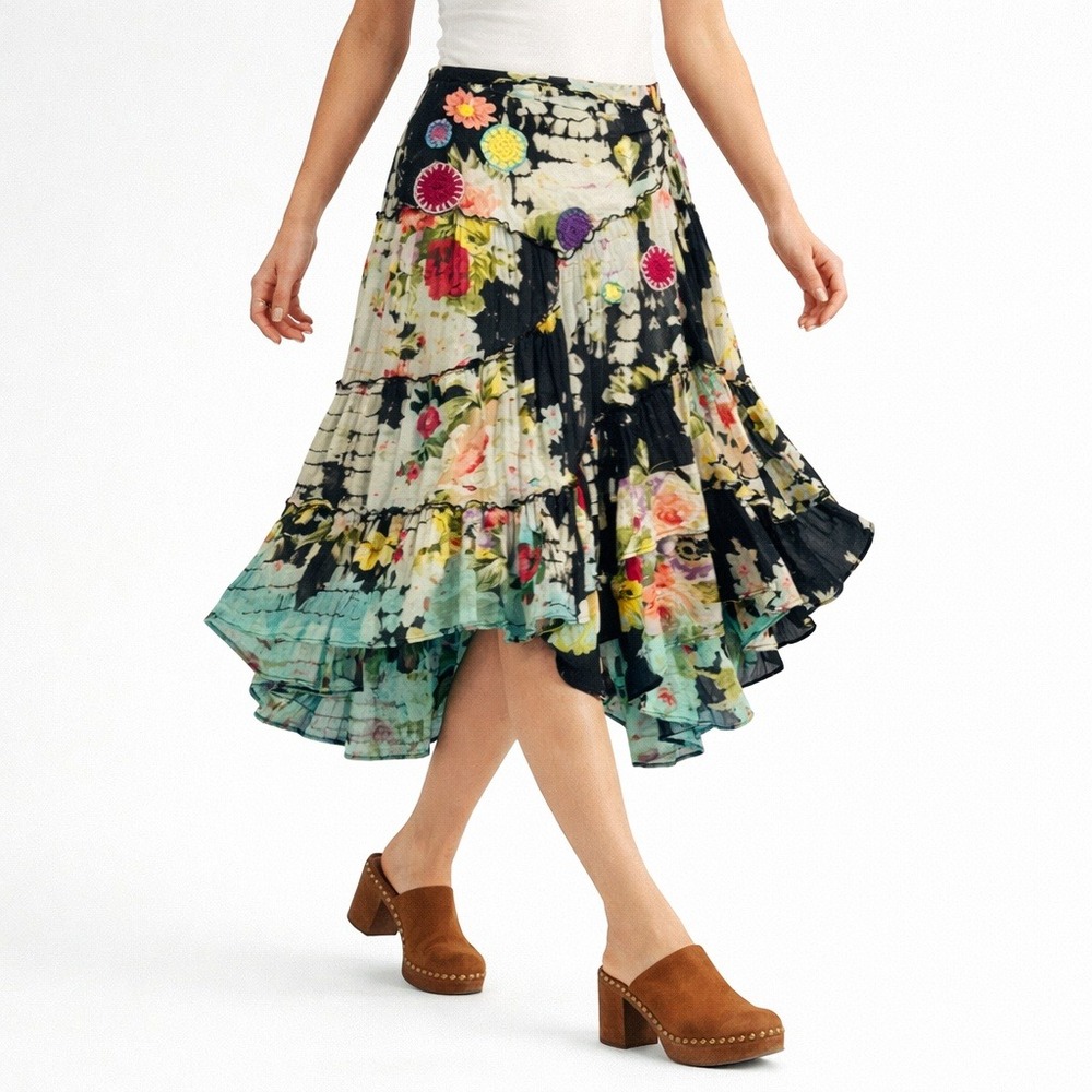 Vtg STEVE BARRAZA 100% Cotton Bohemian Asymmetric Midi Skirt. Size‎ XS